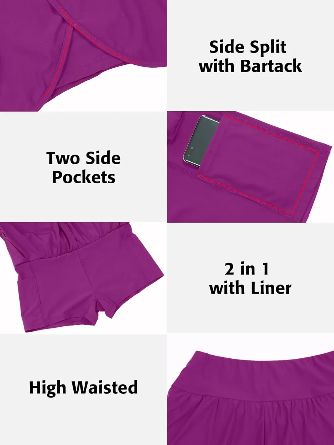 ATTRACO Women Swim Shorts Side Split Swim Trunk 2 in 1 Board Shorts with Pockets Swim Bottom