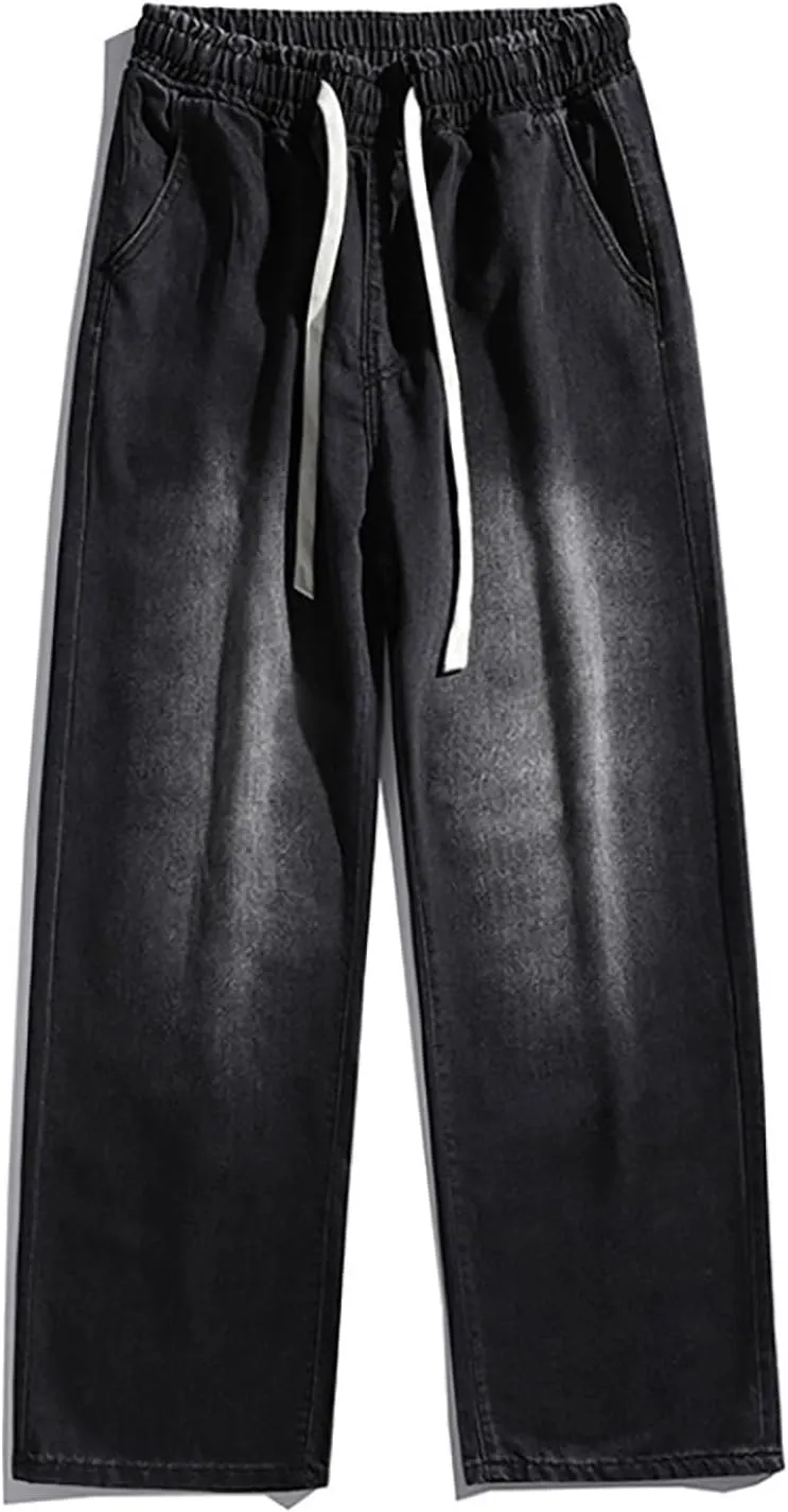 Baggy Jeans Men Straight Leg Drawstring Denim Pants Summer Wide Legs Hip Hop Jeans Trousers Casual Streetwear