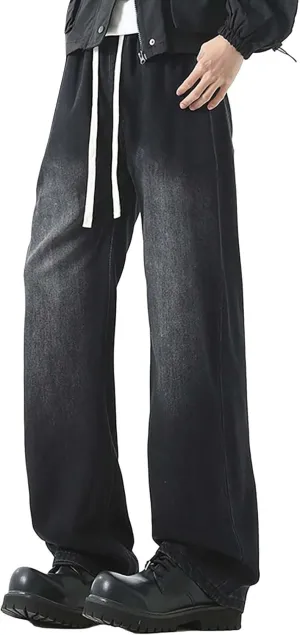 Baggy Jeans Men Straight Leg Drawstring Denim Pants Summer Wide Legs Hip Hop Jeans Trousers Casual Streetwear