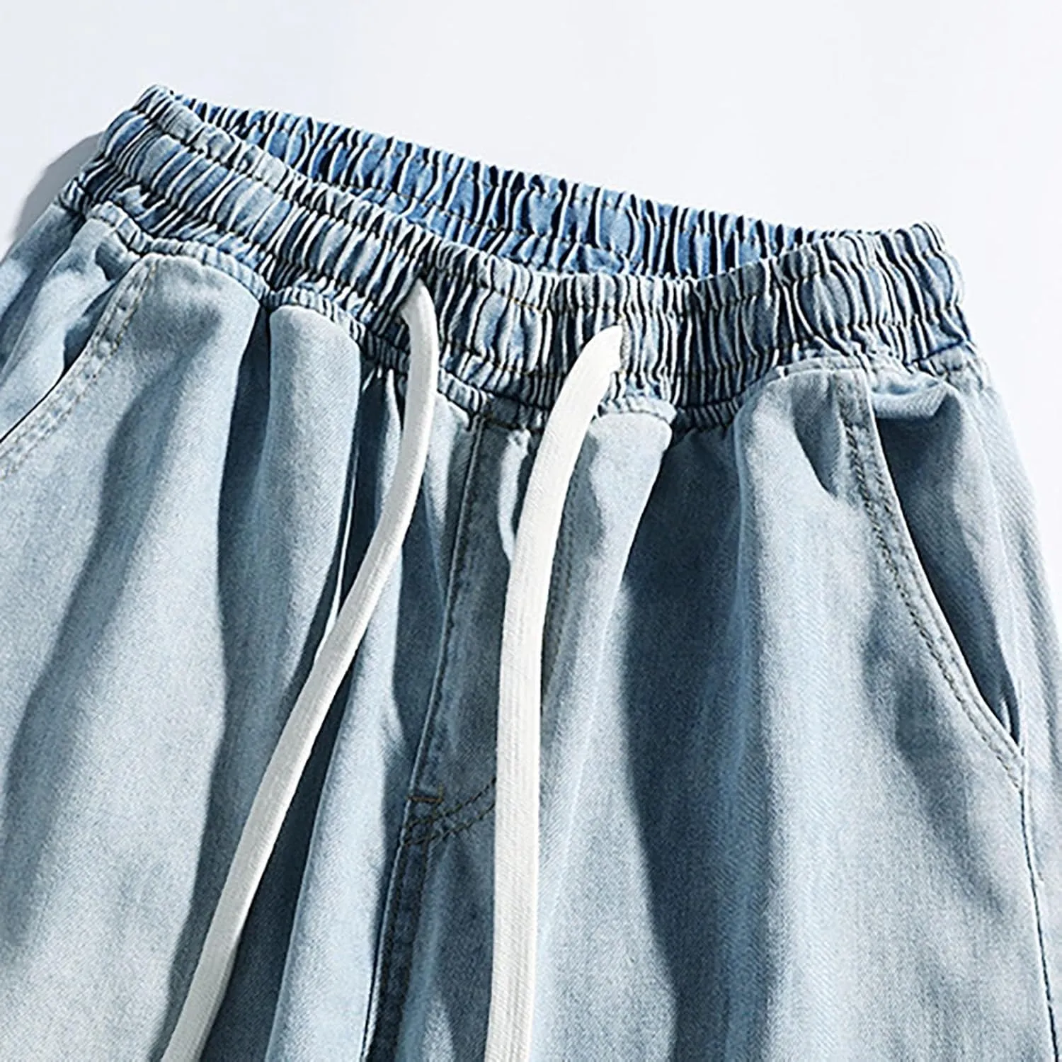Baggy Jeans Men Straight Leg Drawstring Denim Pants Summer Wide Legs Hip Hop Jeans Trousers Casual Streetwear