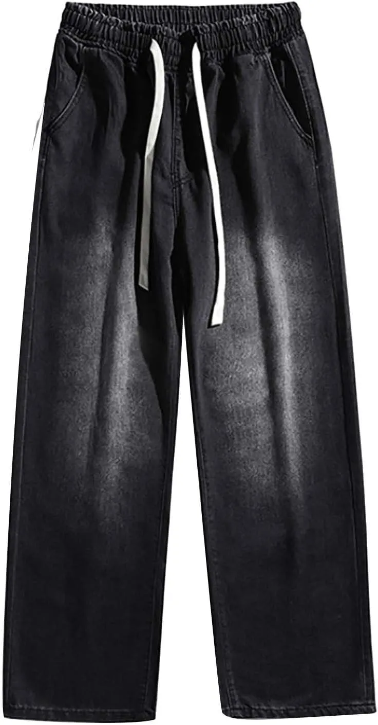 Baggy Jeans Men Straight Leg Drawstring Denim Pants Summer Wide Legs Hip Hop Jeans Trousers Casual Streetwear