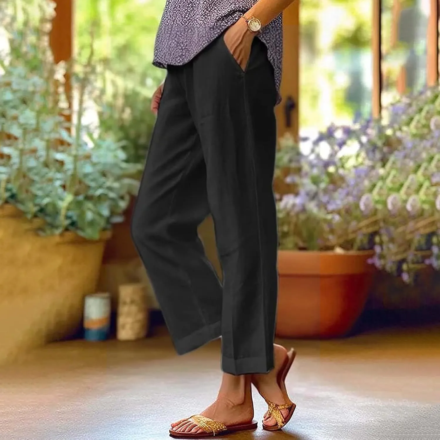 Beach Vacation Solid Elastic Pants Long Drawstring Linen Women Waist Cotton Casual Pants Lightweight Elastic Waist