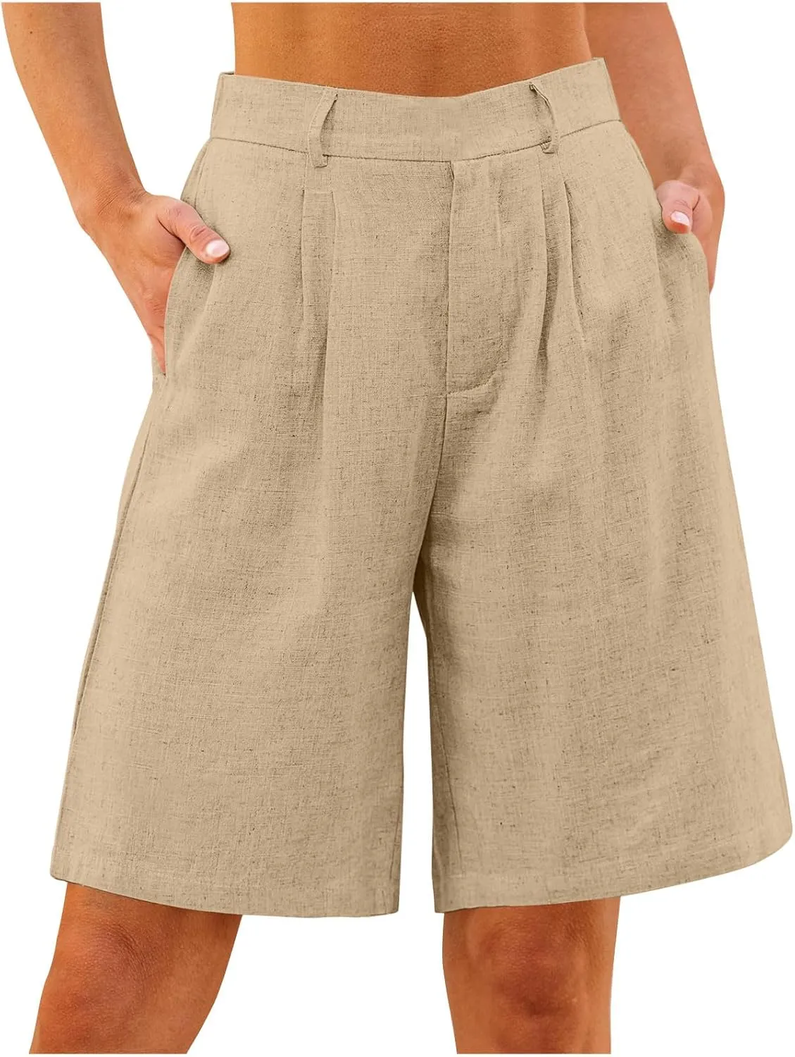 Bermuda Shorts for Women High Waisted Dressy Casual Linen Shorts Wide Leg Knee Length Summer Beach Shorts with Pocket