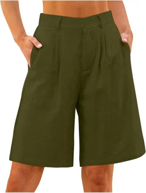 Bermuda Shorts for Women High Waisted Dressy Casual Linen Shorts Wide Leg Knee Length Summer Beach Shorts with Pocket