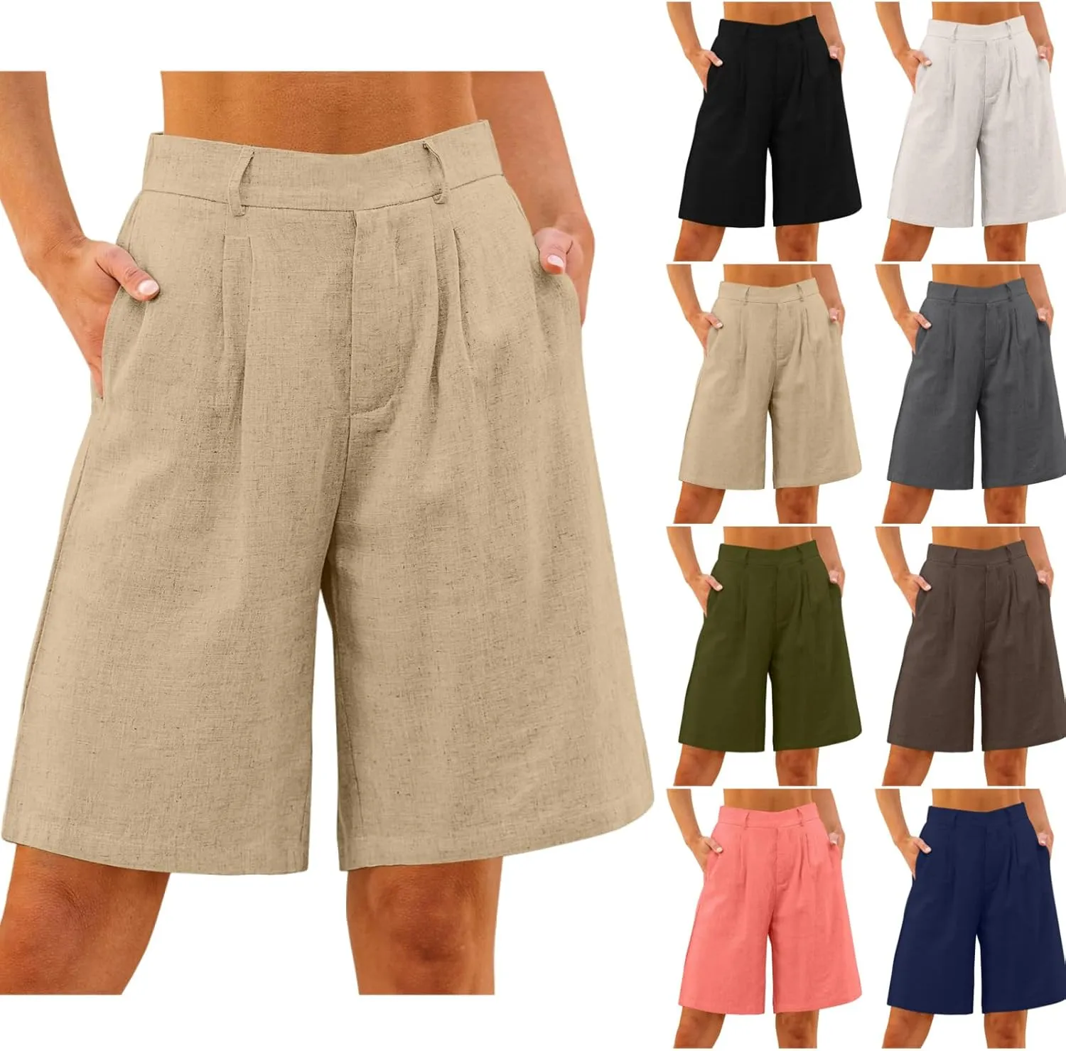 Bermuda Shorts for Women High Waisted Dressy Casual Linen Shorts Wide Leg Knee Length Summer Beach Shorts with Pocket