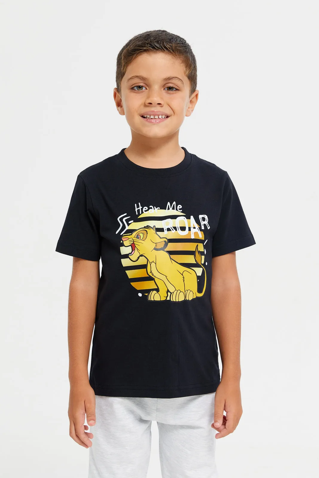 Boys Black And Grey Lion King Printed Pyjama Set (2 Piece)