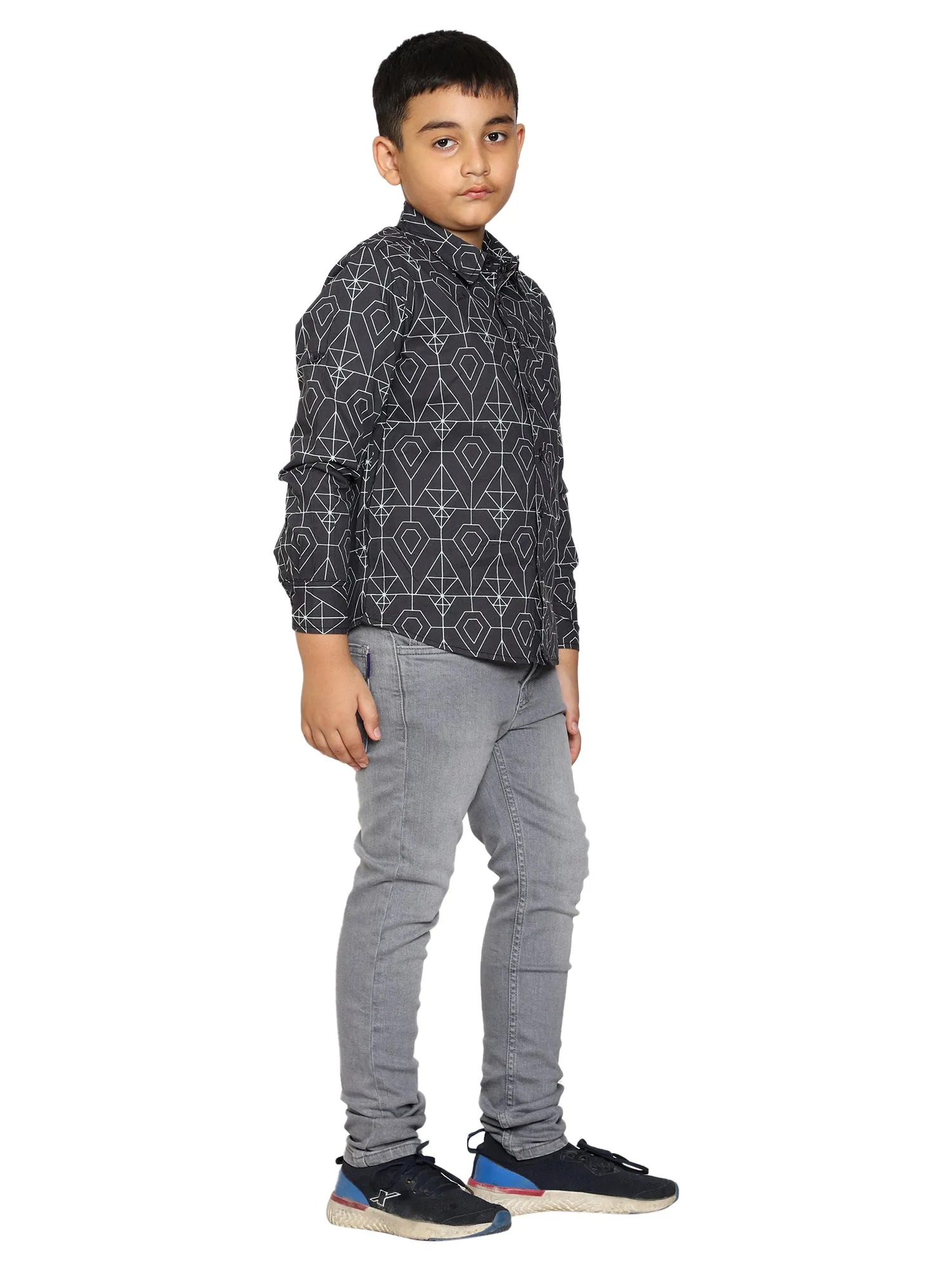 Boys Printed Full Sleeve Shirt & Fashion Denim Pant Set