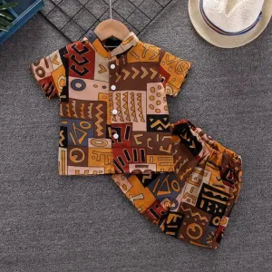Brown Cartoon Print Shirt and Shorts Set for Boys