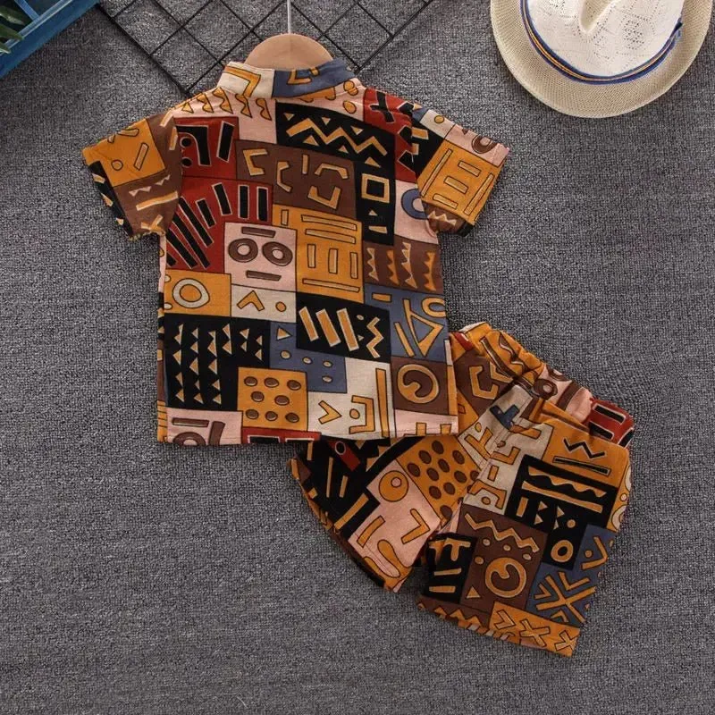 Brown Cartoon Print Shirt and Shorts Set for Boys