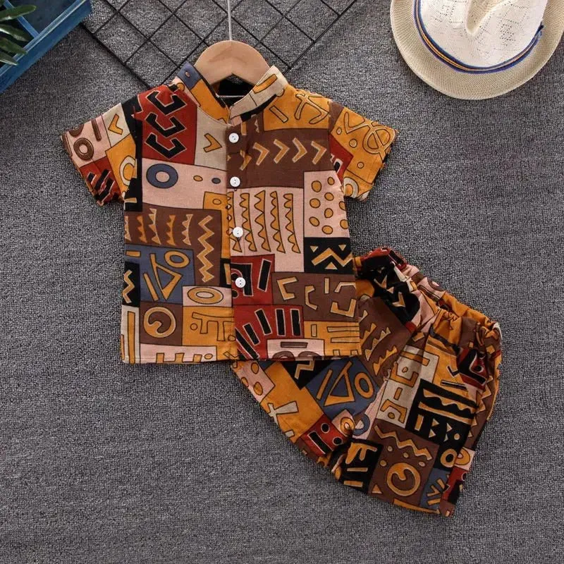 Brown Cartoon Print Shirt and Shorts Set for Boys