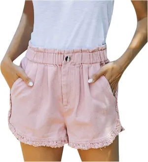 Casual Denim Women Shorts Elastic High Waisted Frayed Raw Hem Ripped Jeans Stretchy Elastic Waist Jean with Pockets