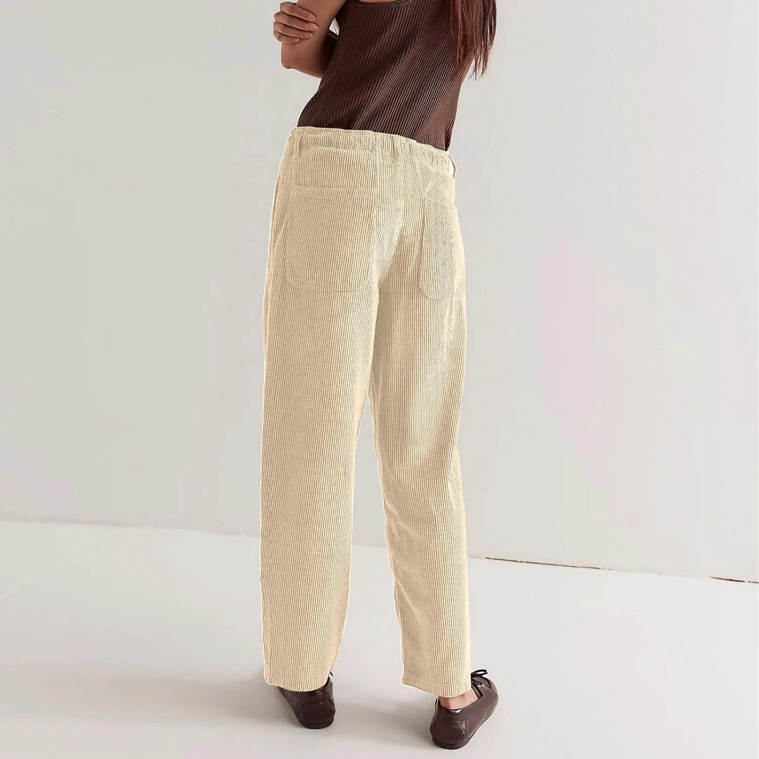 Corduroy Pants Women Drawstring Elastic Waist Wide Leg Work Pants Casual Baggy Barrel Trousers Pants with Pockets