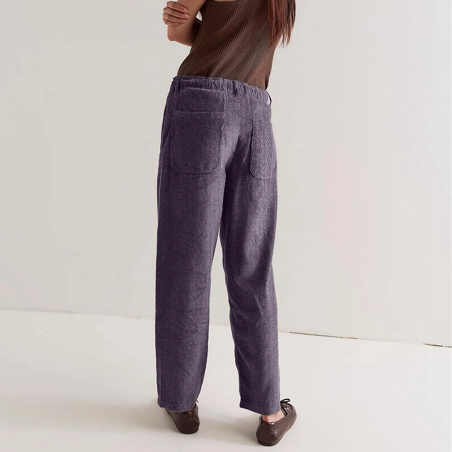 Corduroy Pants Women Drawstring Elastic Waist Wide Leg Work Pants Casual Baggy Barrel Trousers Pants with Pockets