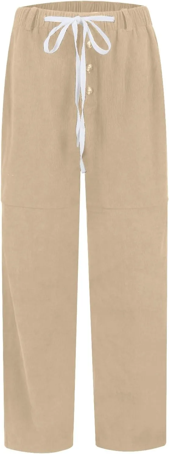 Corduroy Pants Women Drawstring Elastic Waist Wide Leg Work Pants Casual Baggy Barrel Trousers Pants with Pockets