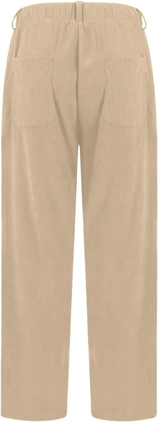 Corduroy Pants Women Drawstring Elastic Waist Wide Leg Work Pants Casual Baggy Barrel Trousers Pants with Pockets