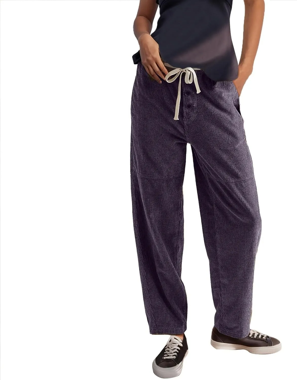 Corduroy Pants Women Drawstring Elastic Waist Wide Leg Work Pants Casual Baggy Barrel Trousers Pants with Pockets