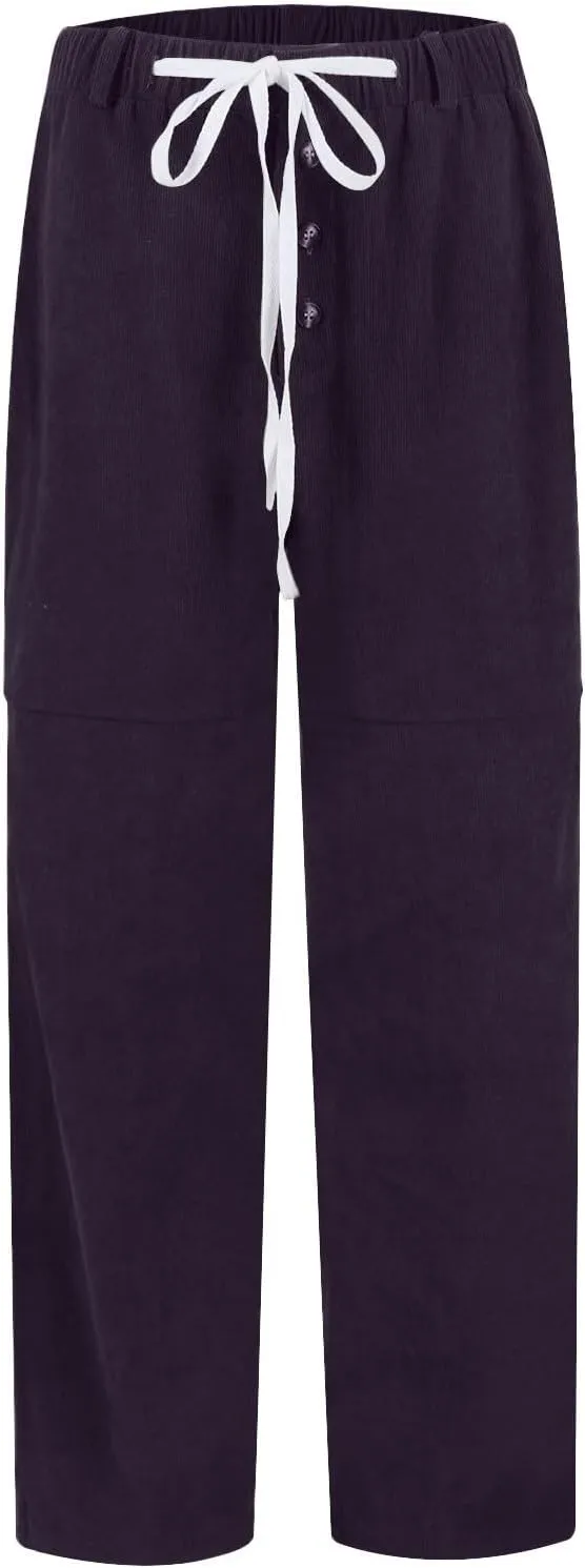 Corduroy Pants Women Drawstring Elastic Waist Wide Leg Work Pants Casual Baggy Barrel Trousers Pants with Pockets