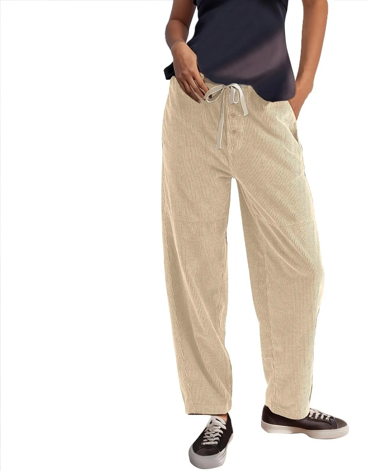 Corduroy Pants Women Drawstring Elastic Waist Wide Leg Work Pants Casual Baggy Barrel Trousers Pants with Pockets