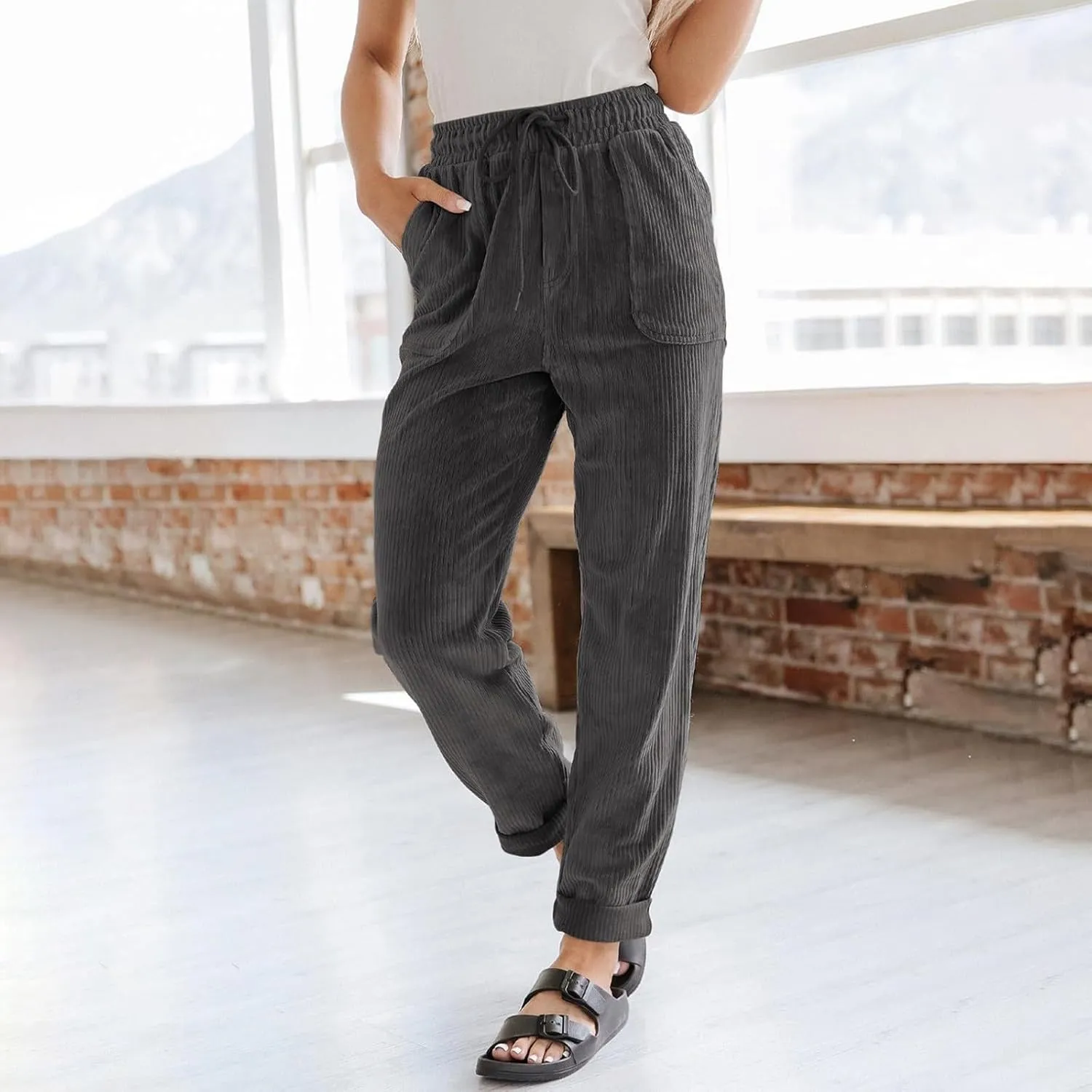 Corduroy Pants Women High Waisted Drawstring Casual Straight Leg Pants Loose Comfy Lounge Pants Trousers with Pockets
