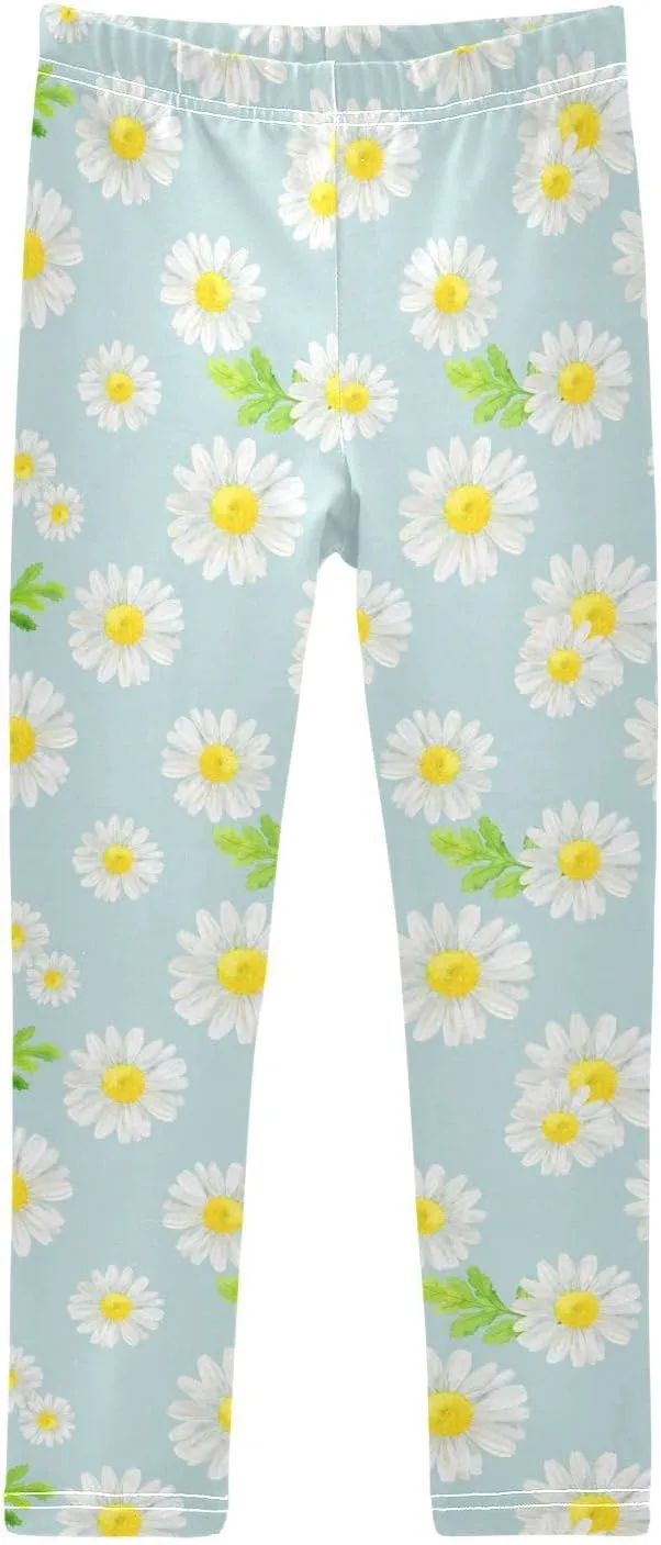 Girls' Leggings Girls Stretch Leggings White Gentle Chamomile Daisy Flower Children's Yoga Pants Clothes