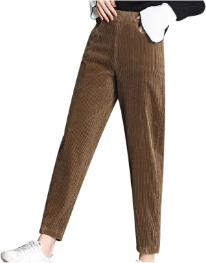 High Waist Corduroy Pants for Women Casual Drawstring Elastic Straight Leg Slacks Loose Comfy Trousers with Pockets