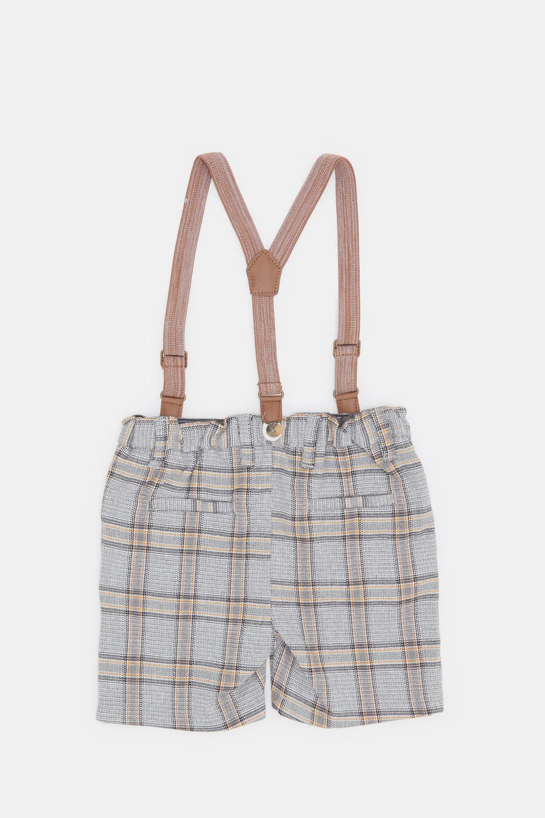 Infant Boys Grey Checkered Short With Suspenders
