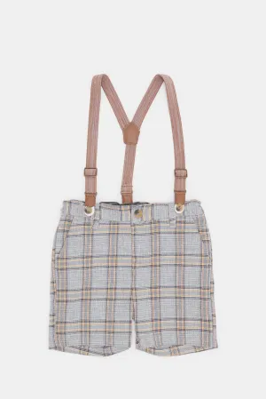 Infant Boys Grey Checkered Short With Suspenders