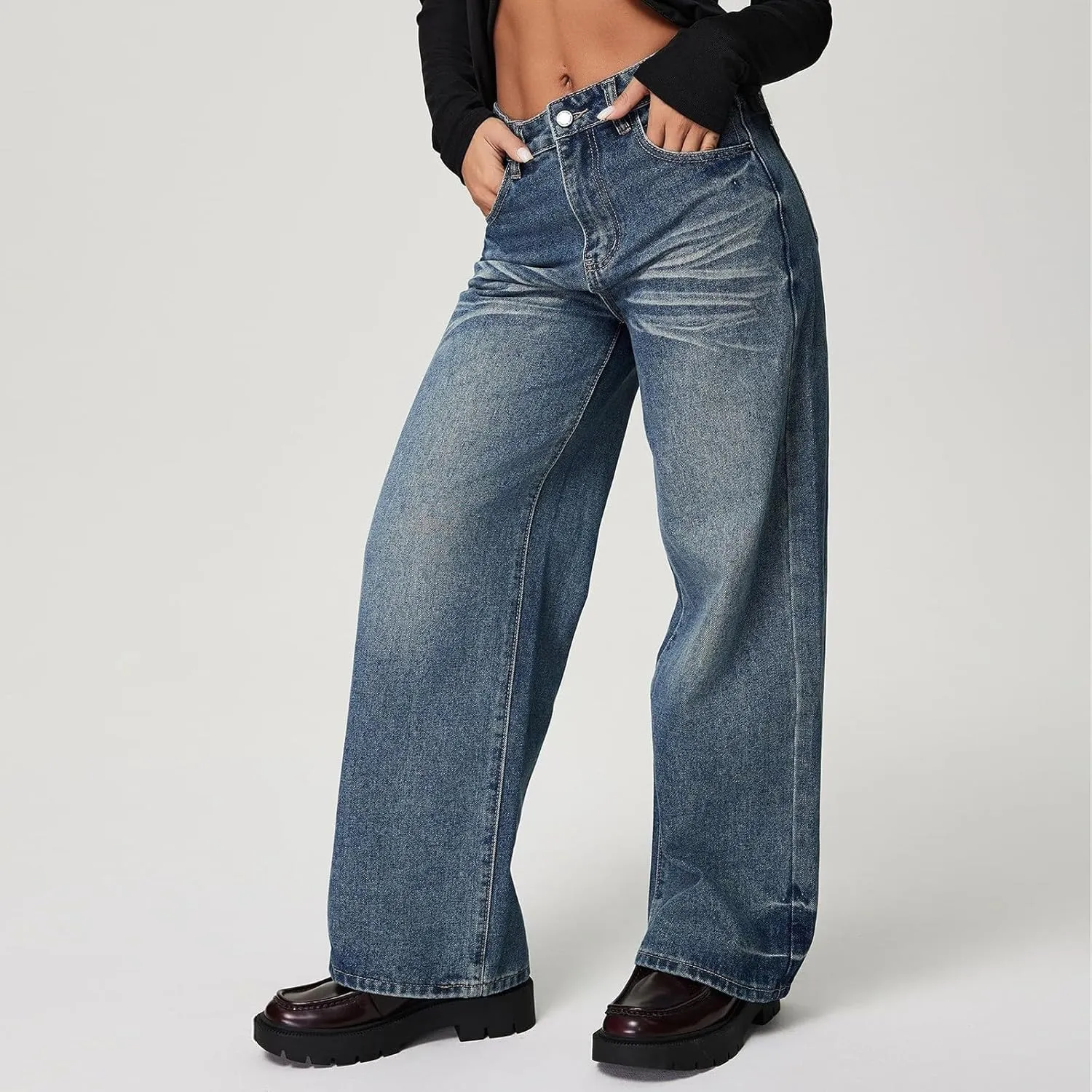 Juniors Loose Fit Denim Pants for Women Cowgirl High Cut Straight Leg Plain Long Leg Summer Fall 2025 Fashion Y2K