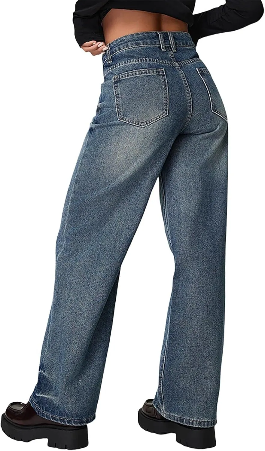 Juniors Loose Fit Denim Pants for Women Cowgirl High Cut Straight Leg Plain Long Leg Summer Fall 2025 Fashion Y2K