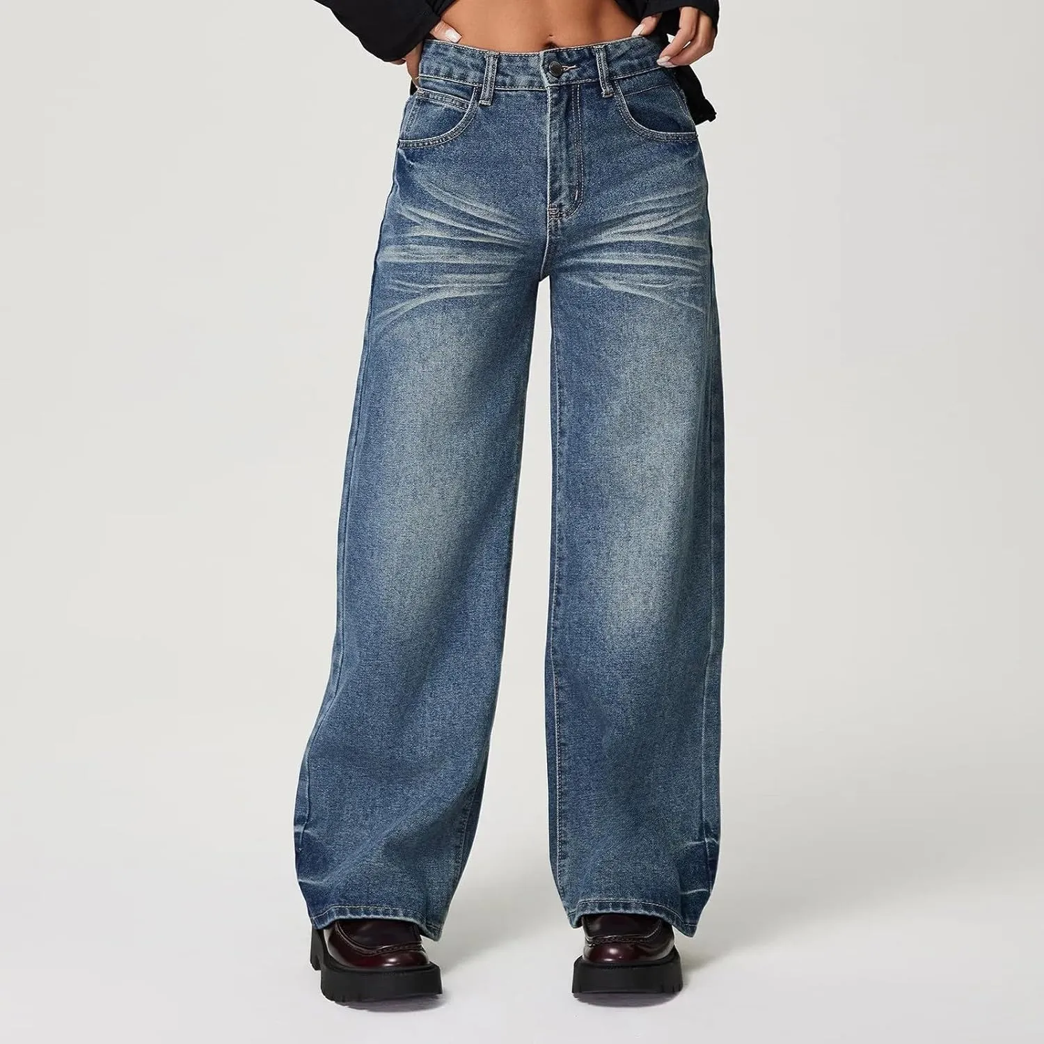 Juniors Loose Fit Denim Pants for Women Cowgirl High Cut Straight Leg Plain Long Leg Summer Fall 2025 Fashion Y2K