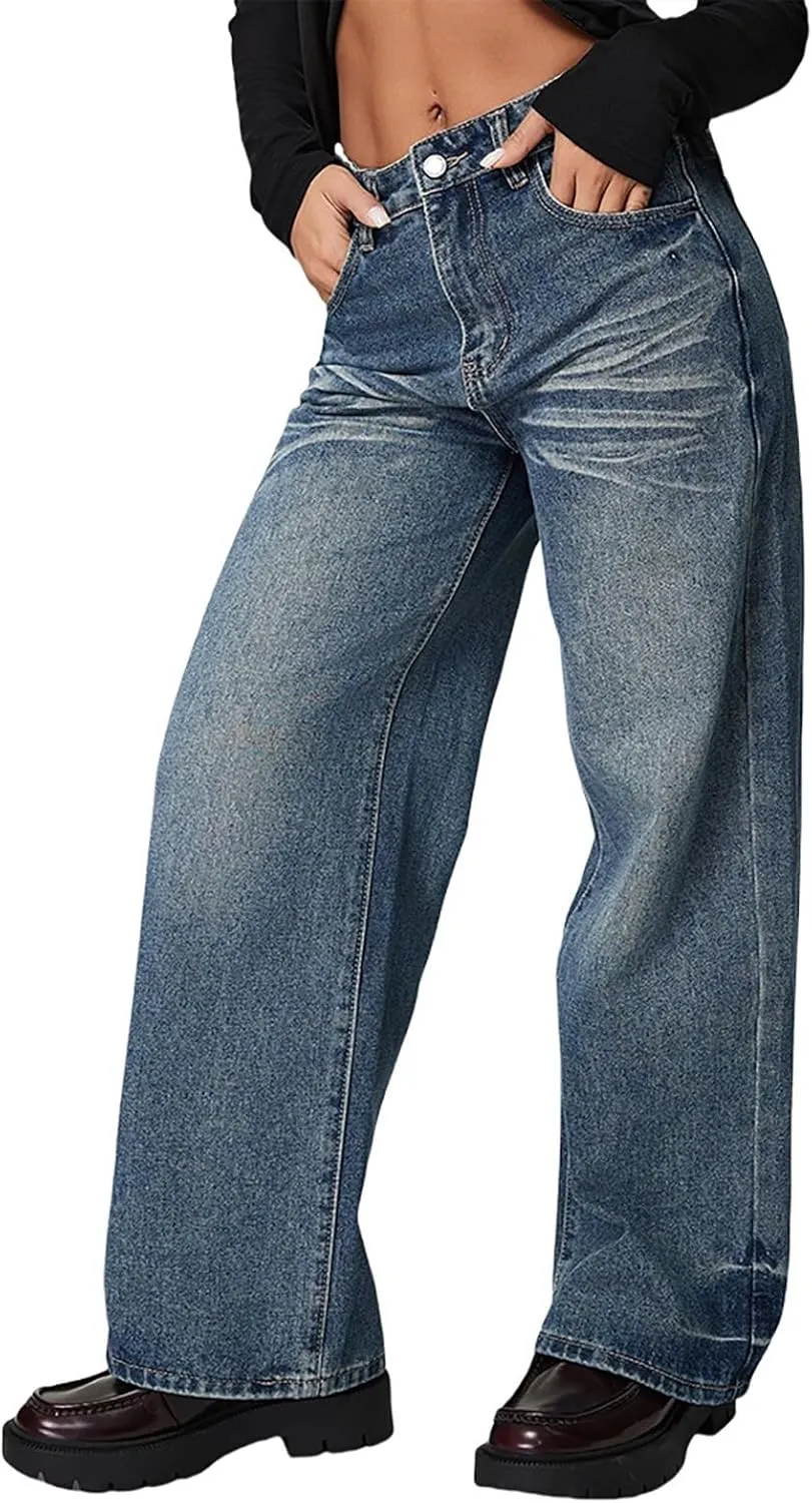 Juniors Loose Fit Denim Pants for Women Cowgirl High Cut Straight Leg Plain Long Leg Summer Fall 2025 Fashion Y2K