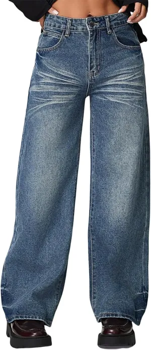 Juniors Loose Fit Denim Pants for Women Cowgirl High Cut Straight Leg Plain Long Leg Summer Fall 2025 Fashion Y2K