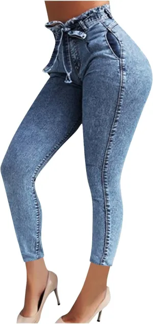 Lmdudan Plus Size Women's High Waisted Skinny Destroyed Ripped Hole Denim Pants Long Stretch Pencil Jeans Pants with Pockets