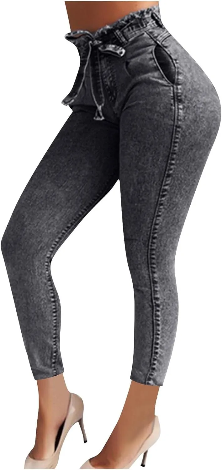 Lmdudan Plus Size Women's High Waisted Skinny Destroyed Ripped Hole Denim Pants Long Stretch Pencil Jeans Pants with Pockets