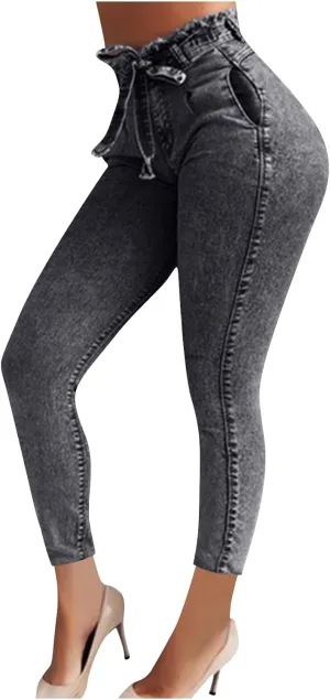 Lmdudan Plus Size Women's High Waisted Skinny Destroyed Ripped Hole Denim Pants Long Stretch Pencil Jeans Pants with Pockets