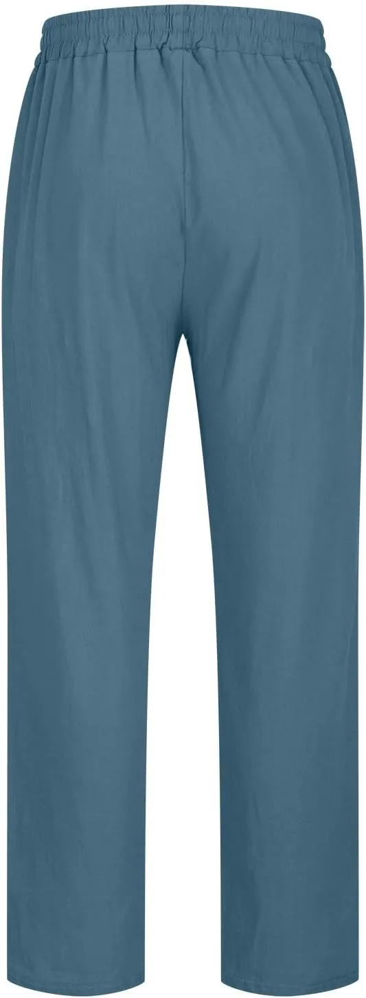 Men's Linen Blend Drawstring Wide Leg Pant Classic Elastic Waist Solid Joggers Pants Casual Hiking Outdoor Trousers