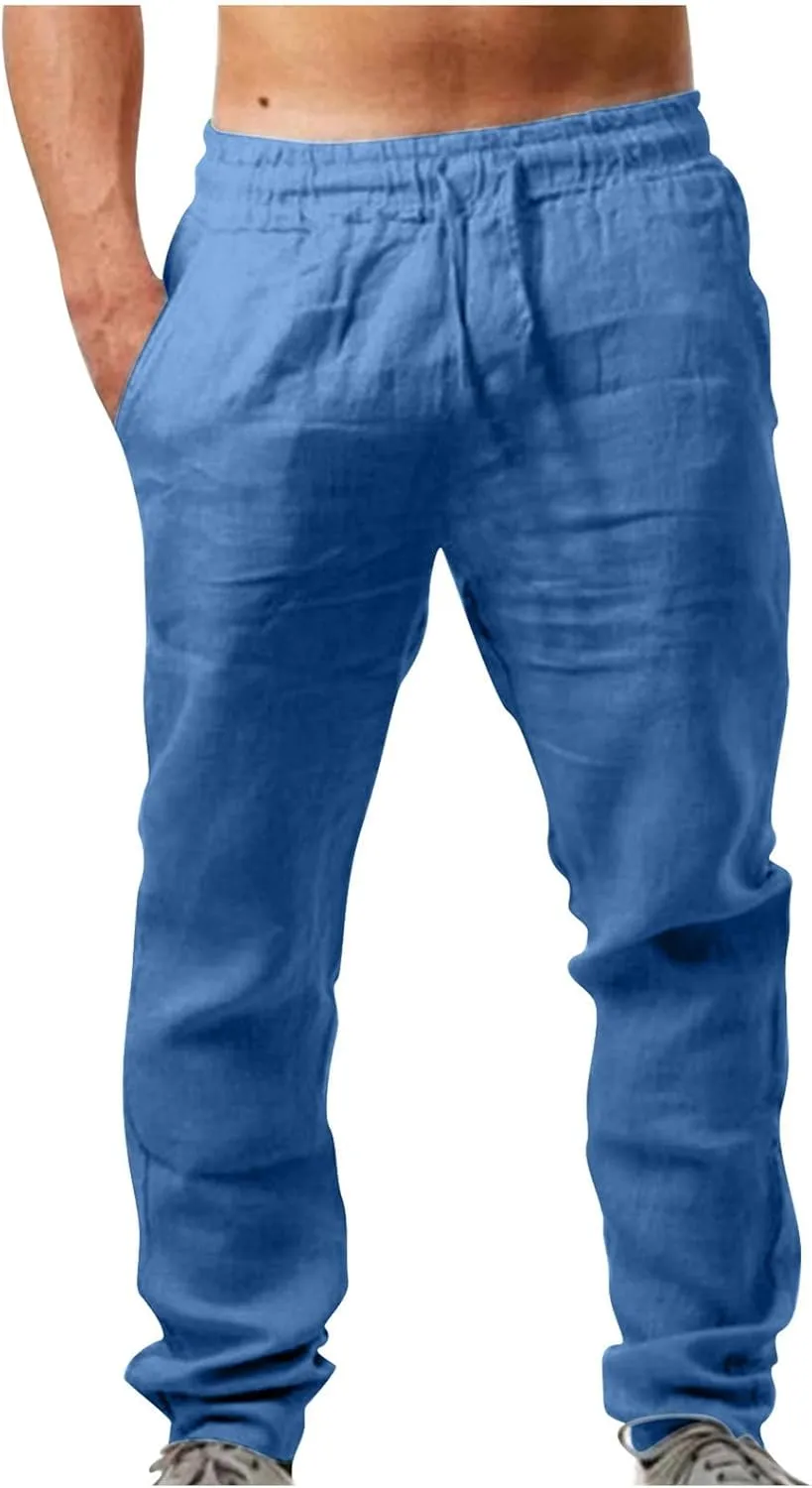 Men's Linen Blend Drawstring Wide Leg Pant Classic Elastic Waist Solid Joggers Pants Casual Hiking Outdoor Trousers