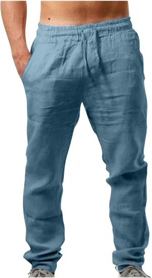 Men's Linen Blend Drawstring Wide Leg Pant Classic Elastic Waist Solid Joggers Pants Casual Hiking Outdoor Trousers