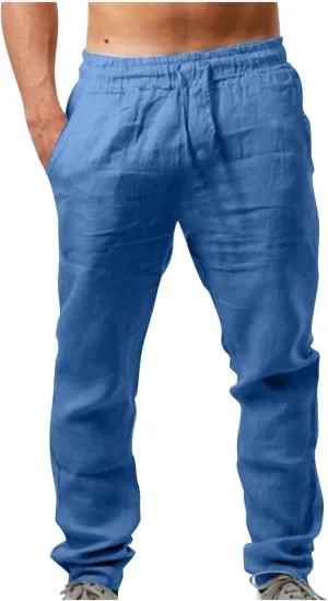 Men's Linen Blend Drawstring Wide Leg Pant Classic Elastic Waist Solid Joggers Pants Casual Hiking Outdoor Trousers