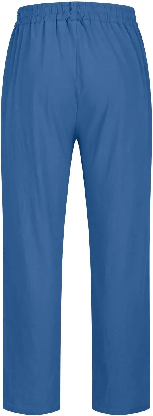 Men's Linen Blend Drawstring Wide Leg Pant Classic Elastic Waist Solid Joggers Pants Casual Hiking Outdoor Trousers