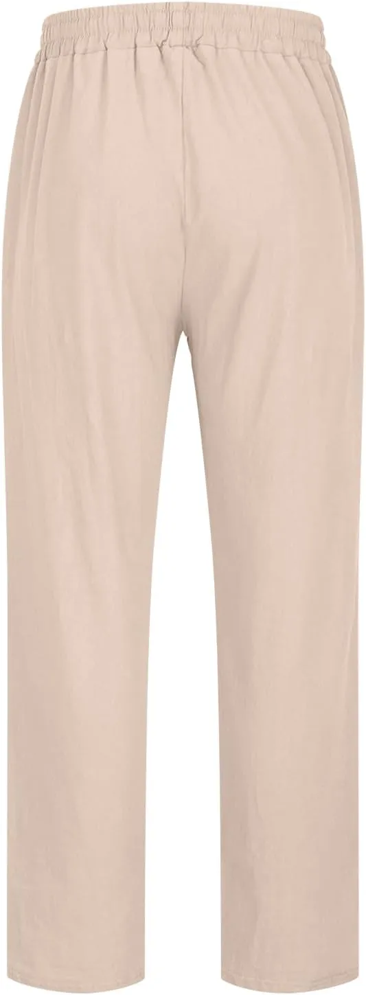 Men's Linen Blend Drawstring Wide Leg Pant Classic Elastic Waist Solid Joggers Pants Casual Hiking Outdoor Trousers