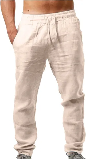 Men's Linen Blend Drawstring Wide Leg Pant Classic Elastic Waist Solid Joggers Pants Casual Hiking Outdoor Trousers