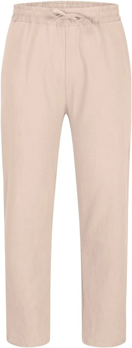 Men's Linen Blend Drawstring Wide Leg Pant Classic Elastic Waist Solid Joggers Pants Casual Hiking Outdoor Trousers