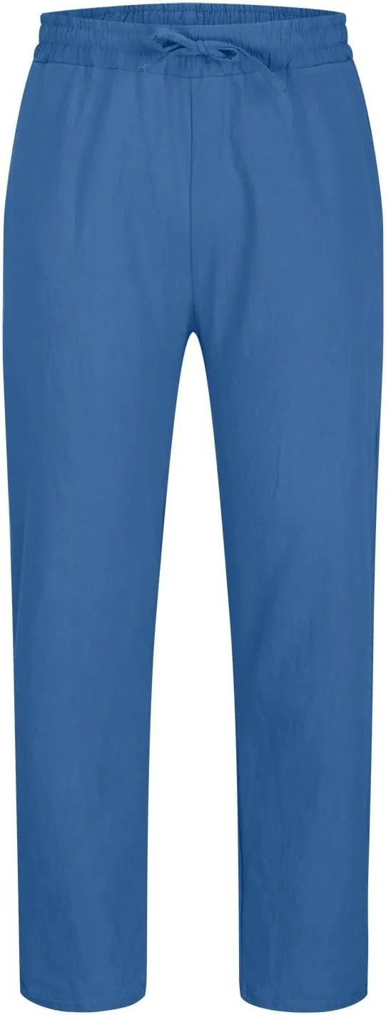 Men's Linen Blend Drawstring Wide Leg Pant Classic Elastic Waist Solid Joggers Pants Casual Hiking Outdoor Trousers