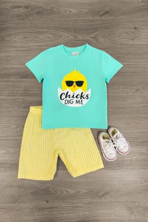 "Chicks Dig Me" Yellow Gingham Short Set