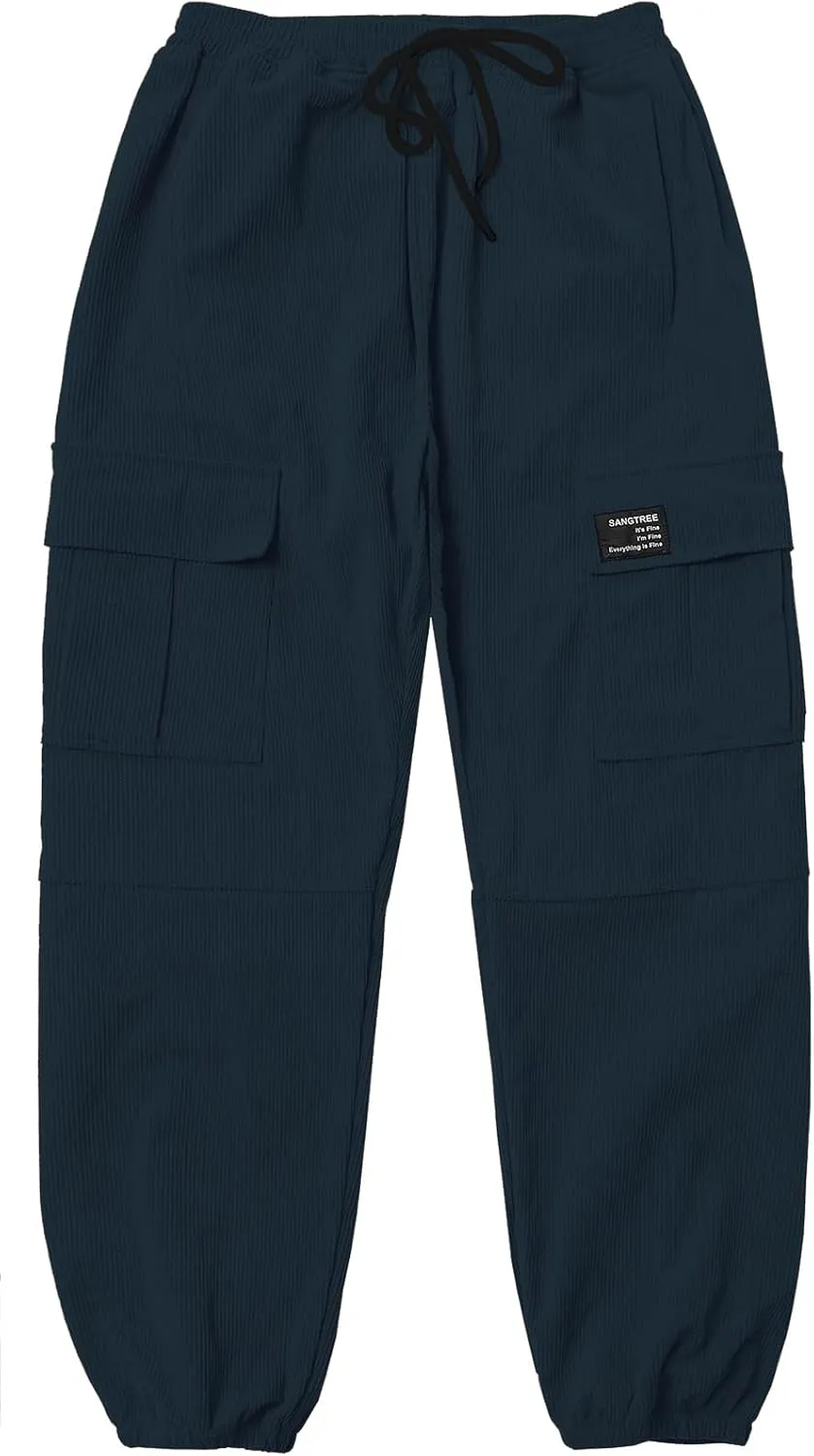 SANGTREE Girls & Women's Corduroy Cargo Pants Drawstring Elastic Waist Multi Pockets Trousers