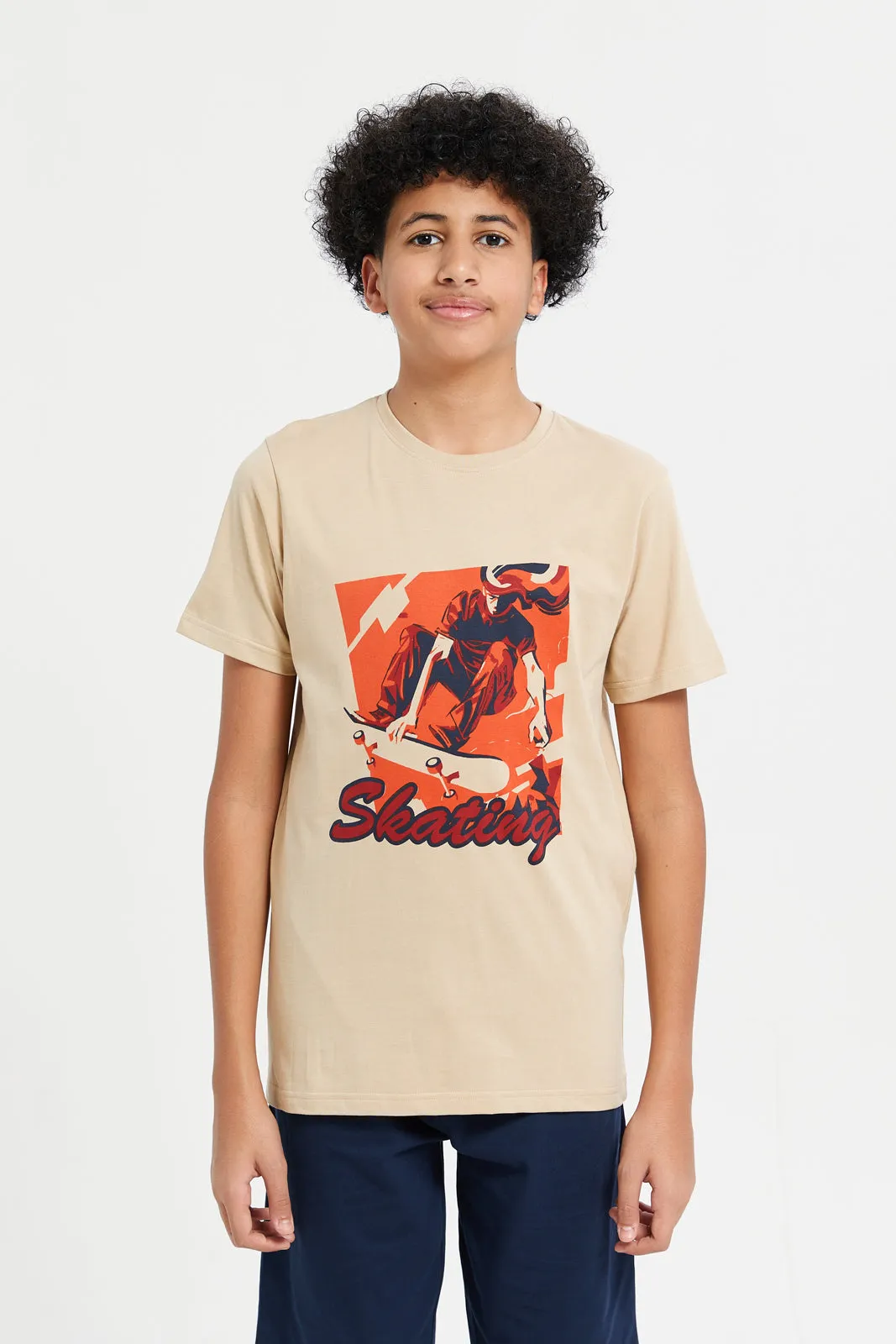 Senior Boys Beige Skating Graphic Pyjama Set (2 Piece)