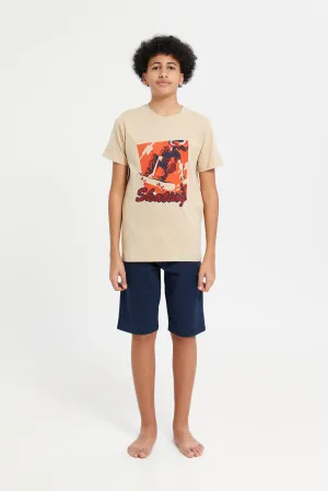 Senior Boys Beige Skating Graphic Pyjama Set (2 Piece)