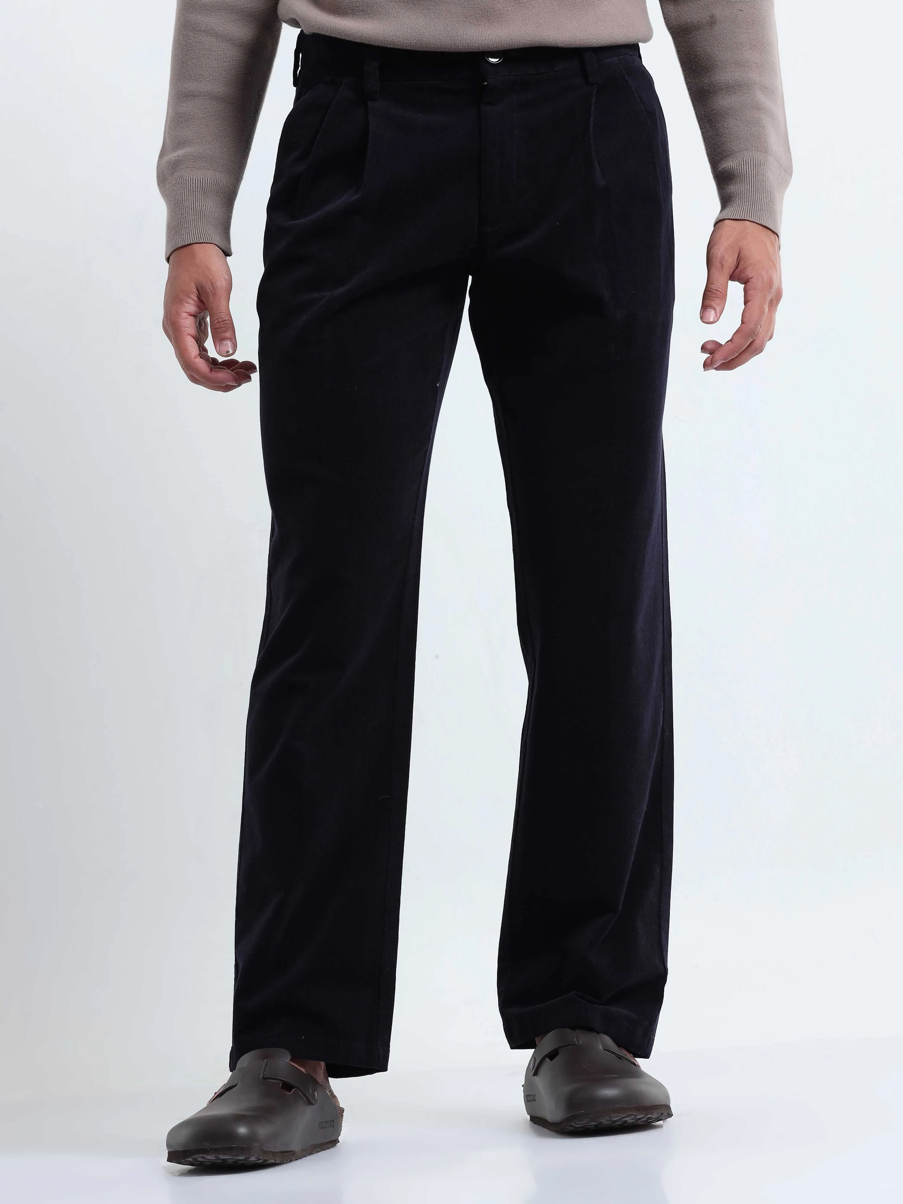 Soft Corduroy Navy Relaxed Pleated Pant