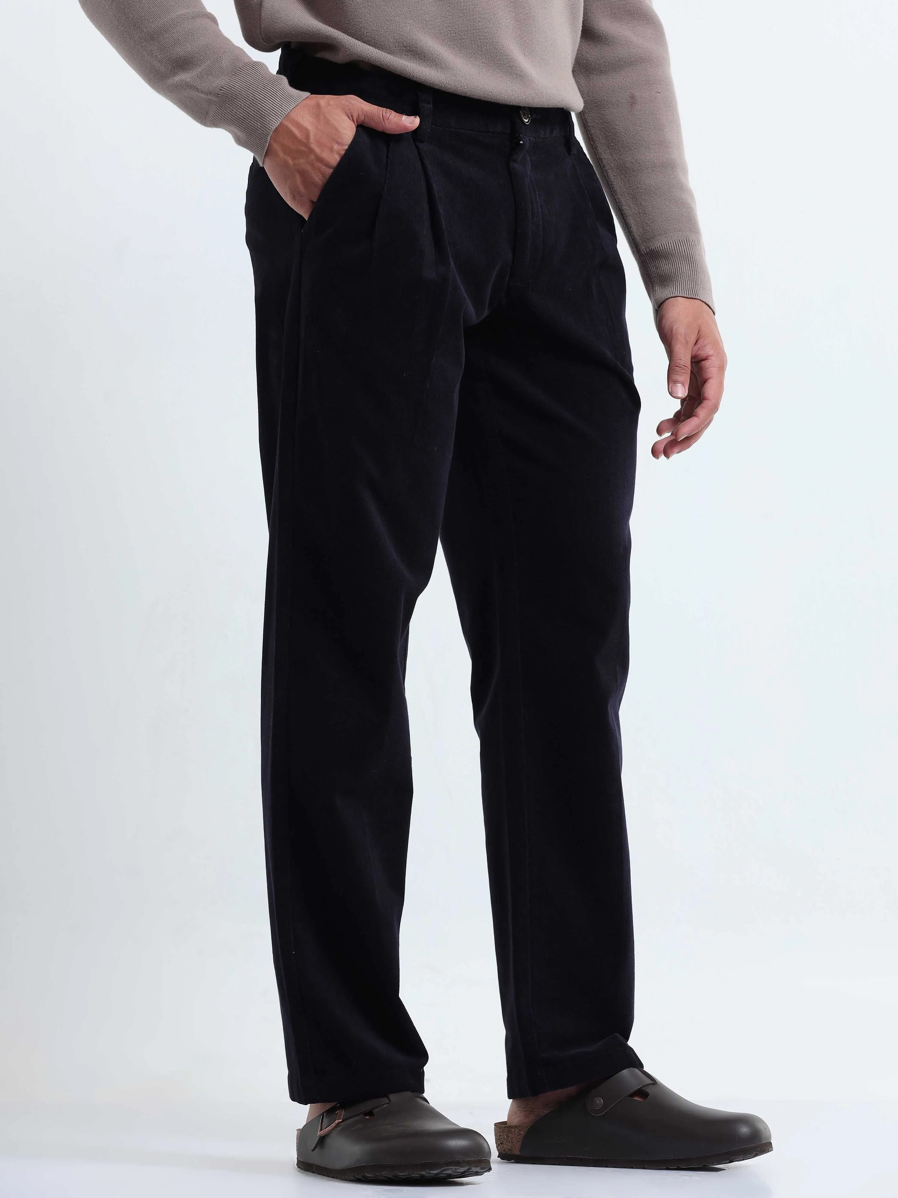 Soft Corduroy Navy Relaxed Pleated Pant